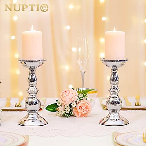 Nuptio Silver Pillar Candle Holders, Wedding Centerpieces Metal Candle Holder for 3 inches Candles Stand Decoration Ideal for Weddings Special Events Parties Living Room, 2 Pcs - Image 4