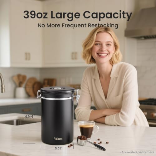 Veken Coffee Canister,39OZ, 2.2lbs,Large Airtight Stainless Steel Container Kitchen Food Storage Jars for Beans,Ground, Espresso, Rice,Tea, Sugar, Cereal, Gifts, Date Tracker, Scoop, Black (Pack of 2) - Image 2