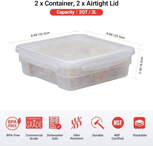 2 Pack 2 QT Commercial Airtight Food Storage Containers, BPA-Free Translucent Polypropylene, Stackable Ingredient Bin for Prep & Nuts, Shallow Model - Image 2