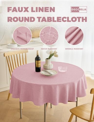 Decorelia Faux Linen Texture Waterproof Round Tablecloth 60 inch, Pink - Image 3