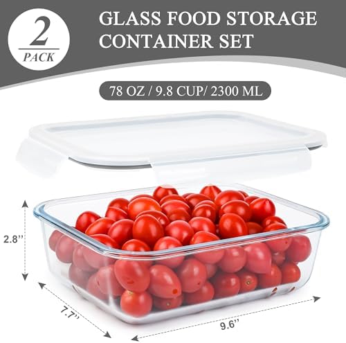GEHE 9.8 Cup / 78 Oz Large Glass Food Storage Containers with Lids, 2 Pack Glass Meal Prep Containers Set with Airtight Locking Lids - Storing Food, Baking, Leakproof, Freezer, Microwave & Oven Safe - Image 2
