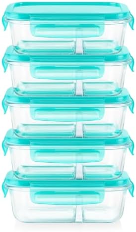 Pyrex Glass Meal Box (5-Pack, 2.3 Cup) Divided Compartments, Locking Lids by Pyrex
