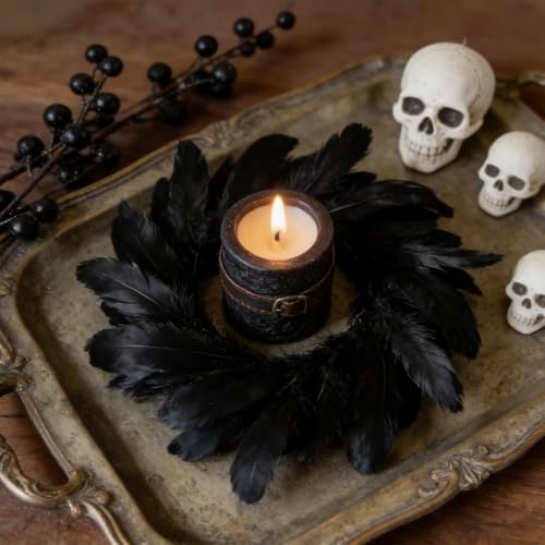 4 Pcs Black Crow Feather Halloween Mini Candle Ring Wreaths Gothic Black Feather Artificial Pillar Candle Holder Wreath for Spooky Dark Home Cabinet Table Porch Decoration - Image 4