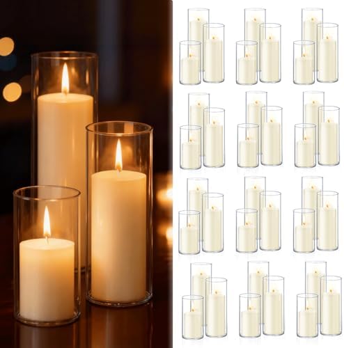 Homjoy 72 PCS Ivory White Pillar Candles with Glass Candle Holders Clear Hurricane Candle Holders Glass Cylinder Vases for Centerpieces Wedding Party, Event, Home Office (36 Candles+36 Candle Hoders) by Homjoy