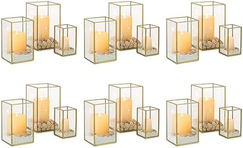 NUPTIO Candle Lantern for Wedding Centerpiece: 18 Pcs Clear Hurricane Glass Pillar Candles Holder with Gold Frame Bulk Decorative Candle Lanterns for Christmas Dining Table Decor 8.1 & 6.5 & 4.7 inch by Nuptio