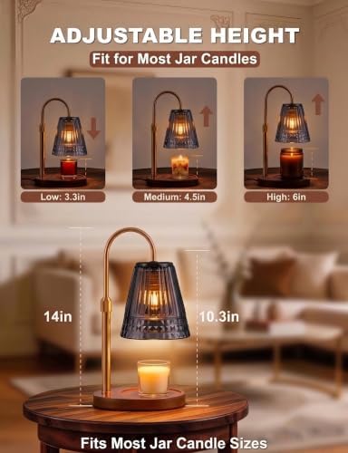 Candle Warmer Lamp with Timer & Dimmer, Adjustable Height Glass Candle Warmer for Jar Candles, Smoky Grey Crystal Shades Brass Electric Wax Melt Lamp with 2 Bulbs - Image 5