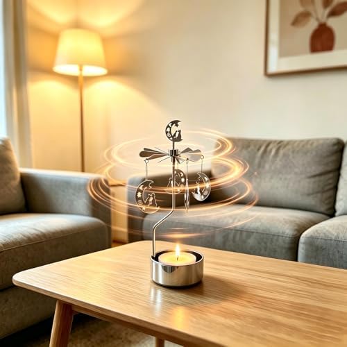 kingnero Rotary Candle Holder Spinning Candleholder Tea Light Candle Powered Carousel Small Gift (Moon & Kitty) - Image 4