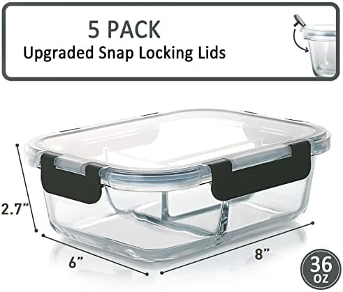 M MCIRCO 5 Pack,36 oz, 3 Compartments Glass Meal Prep Containers with Lids - Image 2