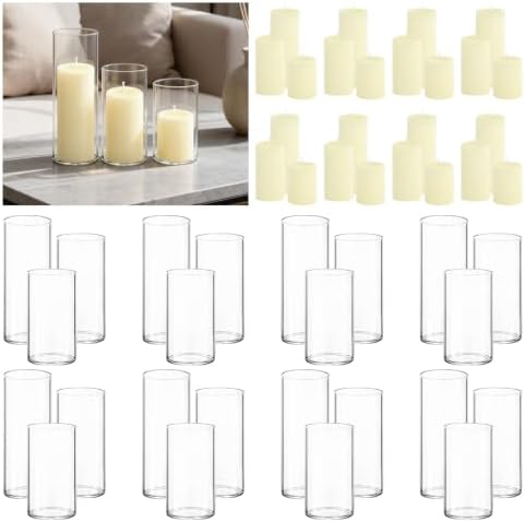 24-Pack Ivory Pillar Candles (2''X3,4,6) & 24-Pack Glass Cylinder Vases(2.6''X5,6,8),Hurricane Candles,Wedding Centerpiece Decor Set-Mixed Heights for Table, Proposal, Event. by Veiuwa