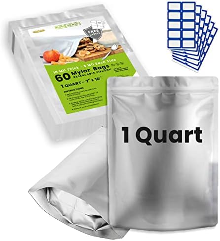 60pcs 1 Quart Mylar Bags for Food Storage - ExtraThick 10 Mil - Smell Proof Mylar 1 Quart - Stand-Up Zipper Pouches 7" x 10" - Small Bags for Food Storage - Heat Sealable by RELIABLEMYLARBAGSFORLONGTERMFOODSTORAGE