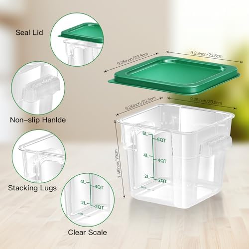 4 pcs 6qt Food Storage Containers with Lid, Square Clear Commercial Storage Containers with Handle and Scale for Food Storage in Home Kitchen & Dining (Green) - Image 3