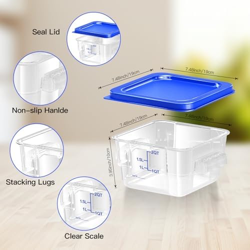 4 pcs 2qt Food Storage Containers with Lid, Square Clear Commercial Food Storage Containers with Handle and Scale for Food Storage in Home Kitchen & Dining (Blue) - Image 3