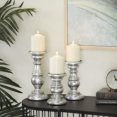 Deco 79 Traditional Mango Wood Pillar Candle Holder, Set of 3 10", 8", 6"H, Silver - Image 2