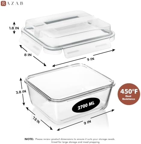 Razab 2700ml / 91Oz / 11.5 Cups Large Glass Food Storage Containers with Lids - Glass Meal Prep Containers for Roasting & Storing Leftover, Glass Lunch Container, Microwave & Oven Safe - Image 3