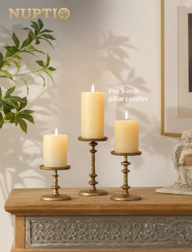 NUPTIO Pillar Candle Holder Gold: Antique Brass Cast Iron Candle Stand - Image 5