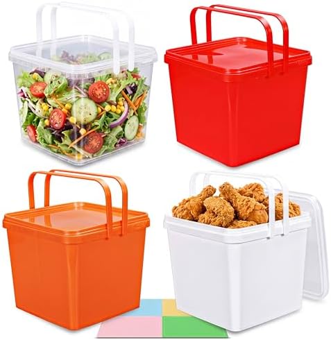 Bucket with Lid - 4 Packs Square Clear Plastic Storage Containers, Food Safe with Handle, Airtight Pressure Lids for Kitchen & Home (Mixed Colors, 1.3 gal) by UMETASS