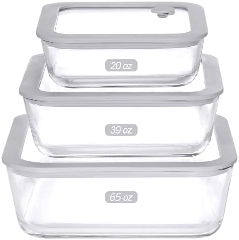 Glass Food Containers with Glass Lid, Microwave Safe Food Storage Container Set, 3 Pack, Square Shape, Food Containers with Lids, Meal Prep containers with Leak Proof Lid. by Eco-Evo