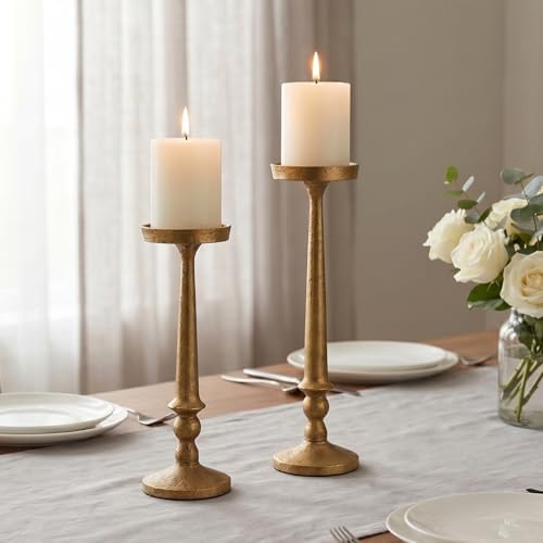 BANOMII Vintage Iron Pillar Candle Holders Set of 2, Antique Brass Gold - Image 6