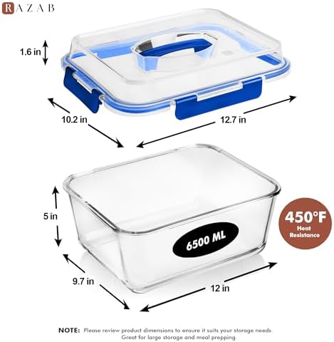 Razab 6500ml / 220 Oz / 28 Cups Extra Large Glass Food Storage Containers with Lids - Leakproof Glass Meal Prep Containers with Locking Lids for Roasting & Storing Leftover - Microwave & Oven Safe - Image 2
