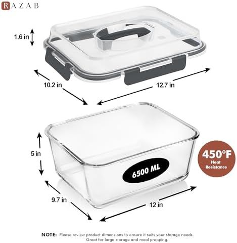 Razab 6500ml / 220 Oz / 28 Cups Extra Large Glass Food Storage Containers with Lids - Leakproof Glass Meal Prep Containers with Locking Lids for Roasting & Storing Leftover - Microwave & Oven Safe - Image 2