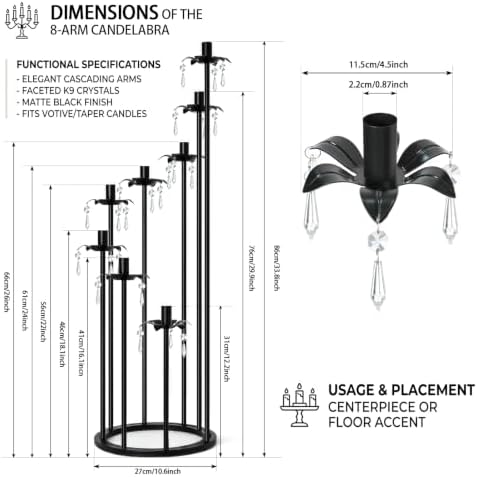 8 Arms Candelabra Candle Holder for Wedding Decorations, 33.8 inches Tall Metal Candlesticks Holder for Table Dinner Party Valentines Day Fireplace Decoration (4, Black Set) - Image 2