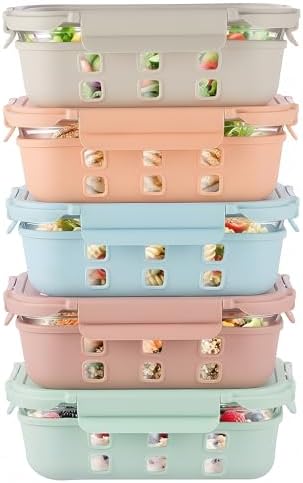 GENICOOK Glass Meal Prep Containers 5 Set, 4.4 Cup Airtight Leakproof Lids, Borosilicate Glass Food Storage Containers, Microwave Oven Freezer Safe, BPA Free Lunch Containers by GENICOOK