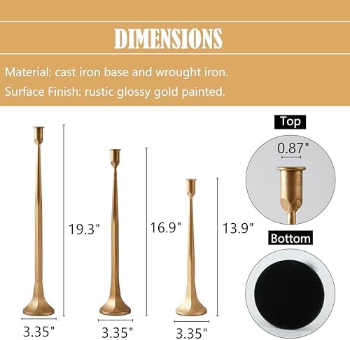 Denique Iron Taper Candle Holder Set of 3, Gold Candlestick Holders 19.3”17” 14” Heightening Decorative Candle Stand Set for Wedding, Dining Table, Home Decoration (Gold) - Image 2