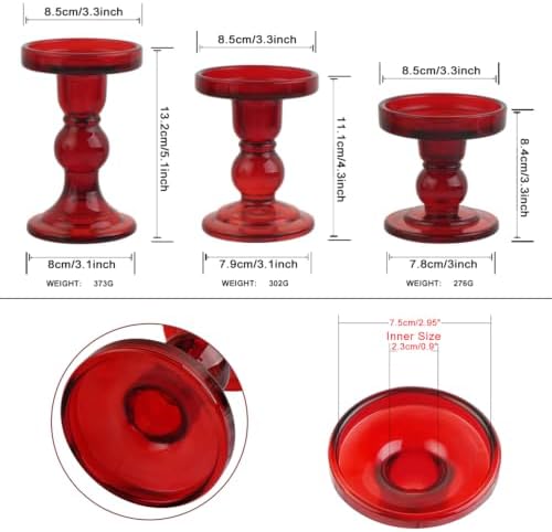 3-Piece Set of Red Glass Candlestick, Crystal Candlestick Holder Holder and Conical Candle, Christmas Candle Holder Decoration, Family Living Room Wedding Candle Holder (red1set) - Image 2