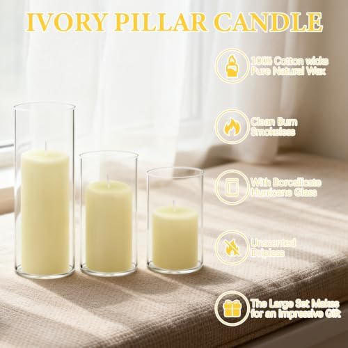 24-Pack Ivory Pillar Candles (2''X3,4,6) & 24-Pack Glass Cylinder Vases(2.6''X5,6,8),Hurricane Candles,Wedding Centerpiece Decor Set-Mixed Heights for Table, Proposal, Event. - Image 3