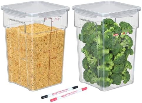2 Pack 10 QT Commercial AIrtight Food Storage Containers, Clear Storage Containers with Recessed Handles, Clear, Stackable Containers with Gold Scale Markings for Flour, Rice, Sugar and Pet Food by GATBO