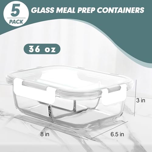 KOMUEE Glass Meal Prep Containers 3 Compartments, 5 Pack 36 oz, White - Image 4