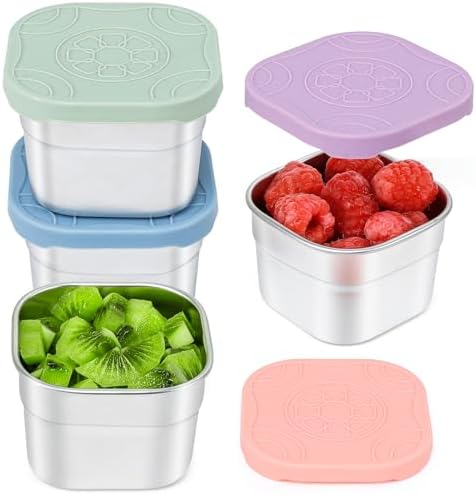 Caperci 4-Pack Stainless Steel Snack Containers with Silicone Lids - 4.7oz Reusable Small Food Containers for Snacks Condiments, Salad Dressing Container, Leak-Proof, BPA-Free by Caperci