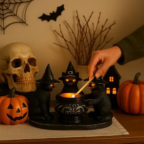 Halloween Black Cat Candle Holder with Witch Hats, Gothic Cauldron Decor - Image 3