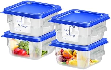 4 pcs 2qt Food Storage Containers with Lid, Square Clear Commercial Food Storage Containers with Handle and Scale for Food Storage in Home Kitchen & Dining (Blue) by Unknown