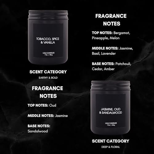 Lulu Candles | 4 Pack Scented Candles Gift Set | Gift Set for Home, Men, and Women | Jasmine, Oud & Sandalwood, Blood Orange & Grapefruit, Tobacco, Spice & Vanilla, and Palo Santo (4PCS - 7 Oz/Each) - Image 6