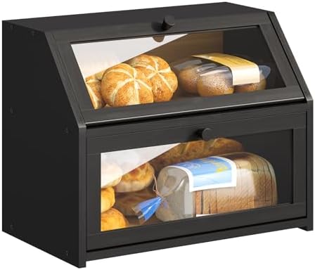 BMOSU Farmhouse Bread Box for Kitchen Countertop Bread box Double Layer Bamboo Wooden Extra Large Capacity Bin Kitchen Food Storage Container(Black) by BMOSU