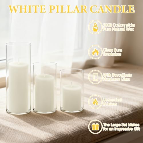 24-Pack White Pillar Candles (2''X3,4,6) & 24-Pack Glass Cylinder Vases(2.6''X5,6,8),Hurricane Candles,Wedding Centerpiece Decor Set-Mixed Heights for Table, Proposal, Event. - Image 3