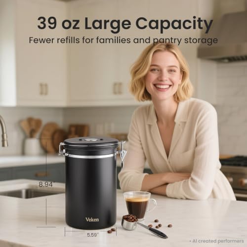 Veken Coffee Canister,39OZ, 2.2lbs,Large Airtight Stainless Steel Container - Image 2