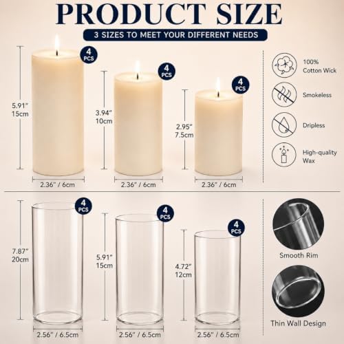 24 PCS Ivory White Pillar Candles and Glass Cylinder Vases Hurricane Glass Candle Holders for Pillar Candles Wedding Centerpieces, Party, Event, Home Office Decor(12 Candles+12 Candle Hoders) - Image 4