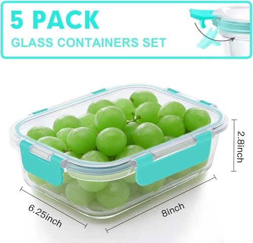 VERONES 5 PACK 36 OZ Glass Meal Prep Containers Set with Lids, Green - Image 2