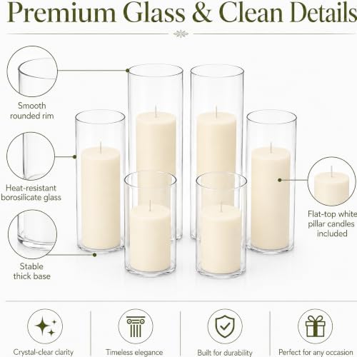 Set of 12 Pillar Candles with Clear Glass Hurricane Holders- Elegant Cylinder Candle Vases for Weddings, Parties, Centerpieces, Home & Office Decor - Image 4