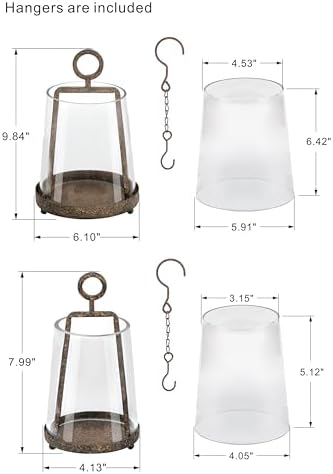 6" & 4" Wide Modern Farmhouse Metal Hurricane Candle Holder with Handmade Sturdy Glass Sleeve in Rustic Brown for Pillar Candle & Plants, Glass Hurricane Lantern, Industrial, Minimalistic - Image 2