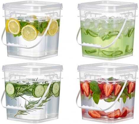 Food Storage Buckets with Lids - 4 Set Square Clear Plastic Containers, Airtight Pressure Seal & Handle for Kitchen Freezer Prep (Clear, 1.3 gal) by UMETASS