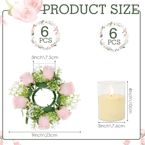 Pink Rose Candle Rings with Flameless Candles Sets - 12PCS Artificial Flower Eucalyptus Wedding Centerpiece 3 Inch Pillar Candleholders Wreaths for Wedding Party Decor (Pink - 6 Sets) - Image 2