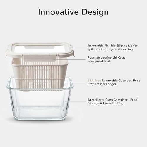 GENICOOK Glass Produce Storage Containers for Fridge, 2-Set – Airtight Fruit & Vegetable Containers with Removable Colanders, Flexible Silicone Lids,LeakProof, BPA-Free Borosilicate Glass - Image 3