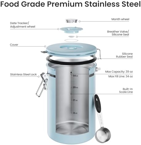 Veken Coffee Canister,39OZ, 2.2lbs,Large Airtight Stainless Steel Container - Image 4