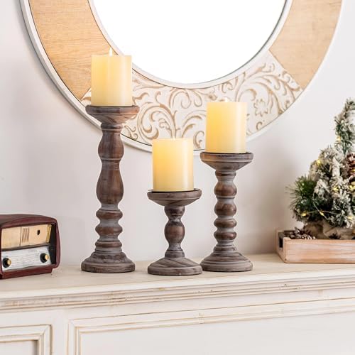 Wood Pillar Candle Holder: Rustic Distressed Brown Candle Stand - Image 5
