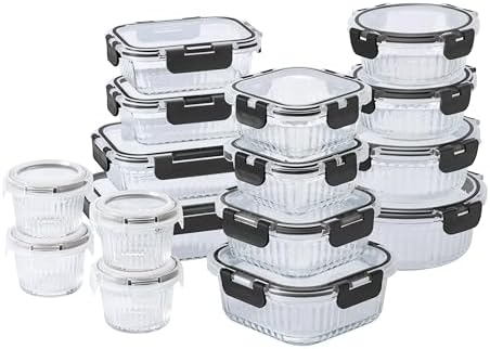 COOK WITH COLOR Premium 32-Pc. Borosilicate Glass Food Container Set with Dividers - 4 Rectangles, 8 Rounds, 4 Squares - Leakproof Lids - Meal Prep, Storage, Fluted Ombre Black by CookwithColor