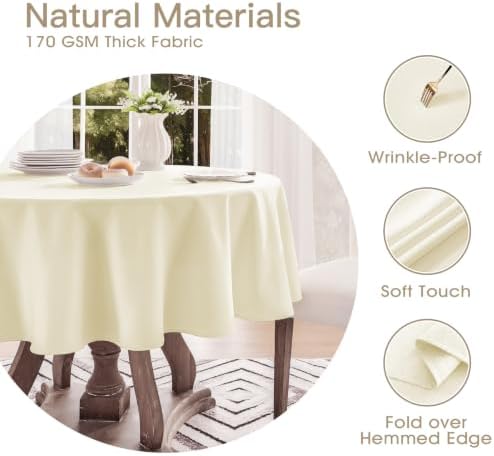 Veblandy Faux Linen Round Tablecloth 60 inch, Table Cloth Wrinkle Free Decorative Fabric Waterproof Table Cover for Dining/Party/Buffet/Wedding, Ivory - Image 3