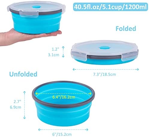 Collapsible Food Storage Containers with Airtight Lid & Vent, 40.5 oz, Kitchen Stacking Silicone Collapsible Meal Container Set for Leftover, Microwave Freezer Dishwasher Safe, Blue Round, Set of 4 - Image 5